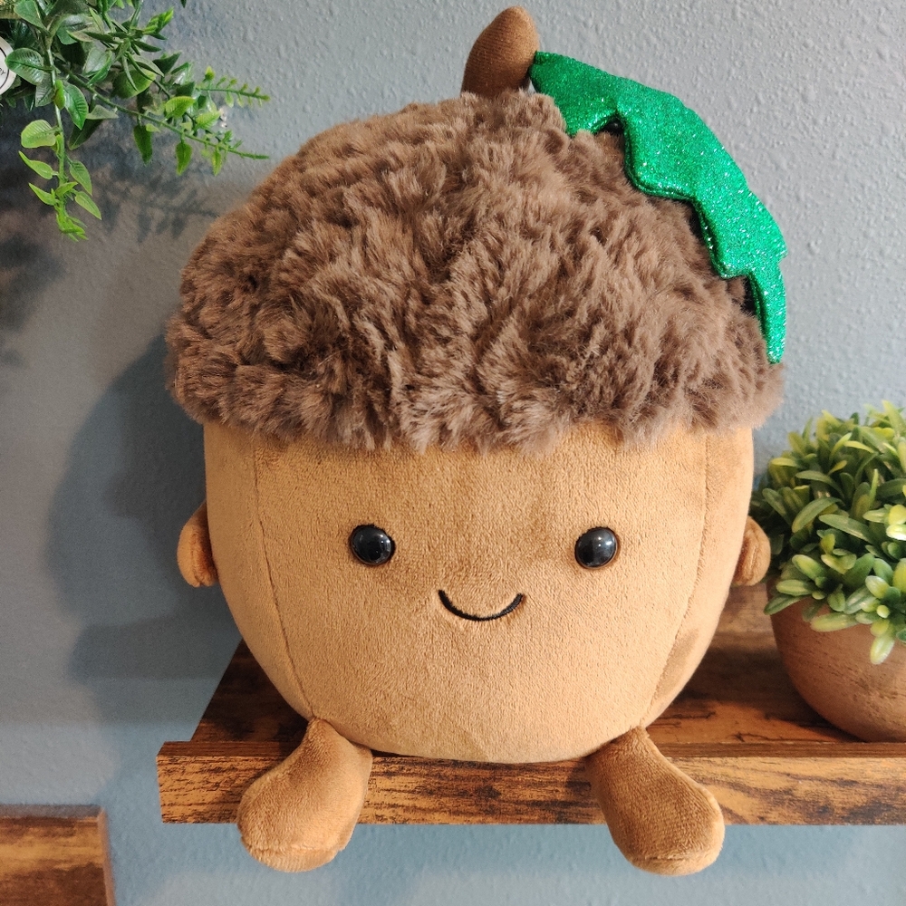 Cute Acorn Plush Toy Fao Scwarz Stuffed Kids Toy Sparkly Green Leaf Smiley Face - Picture 1 of 6